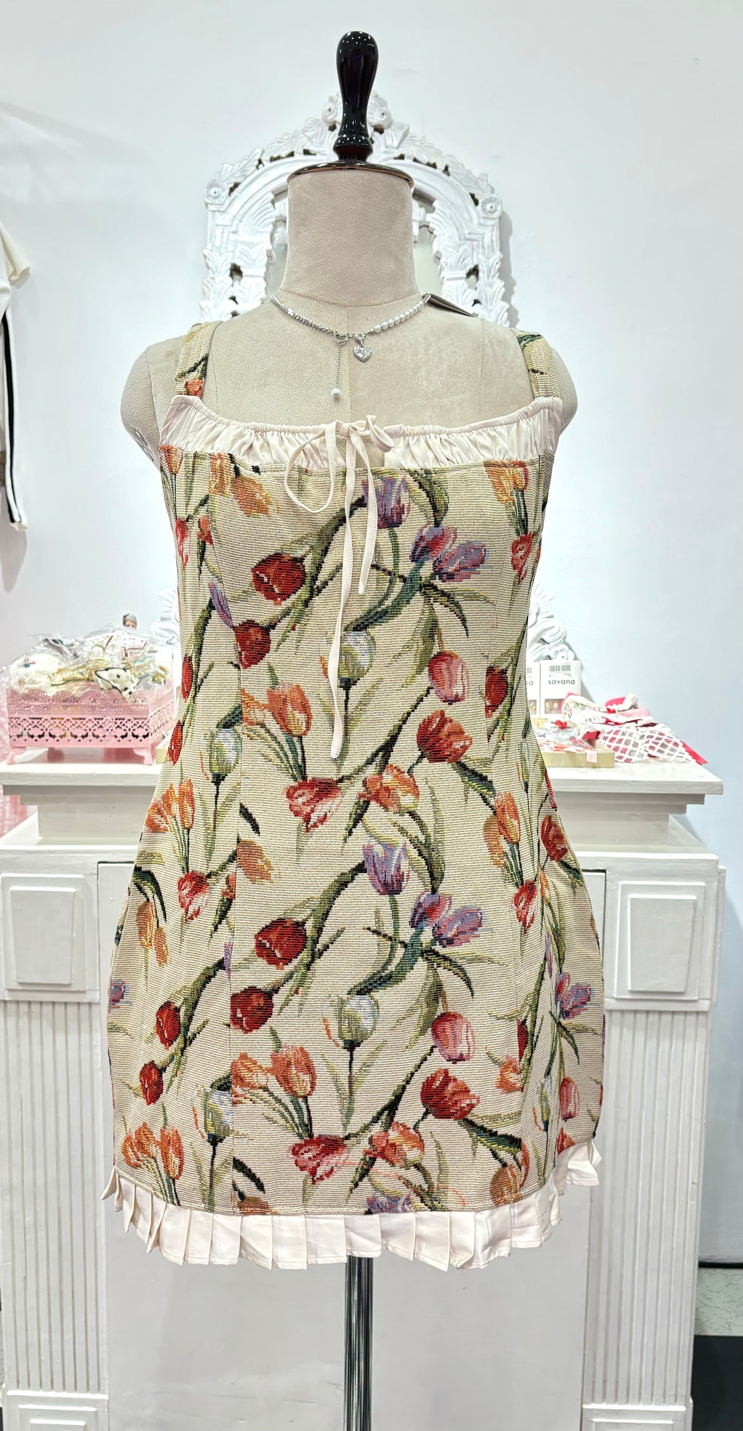 Jacquard Tie Front Ruffle dress