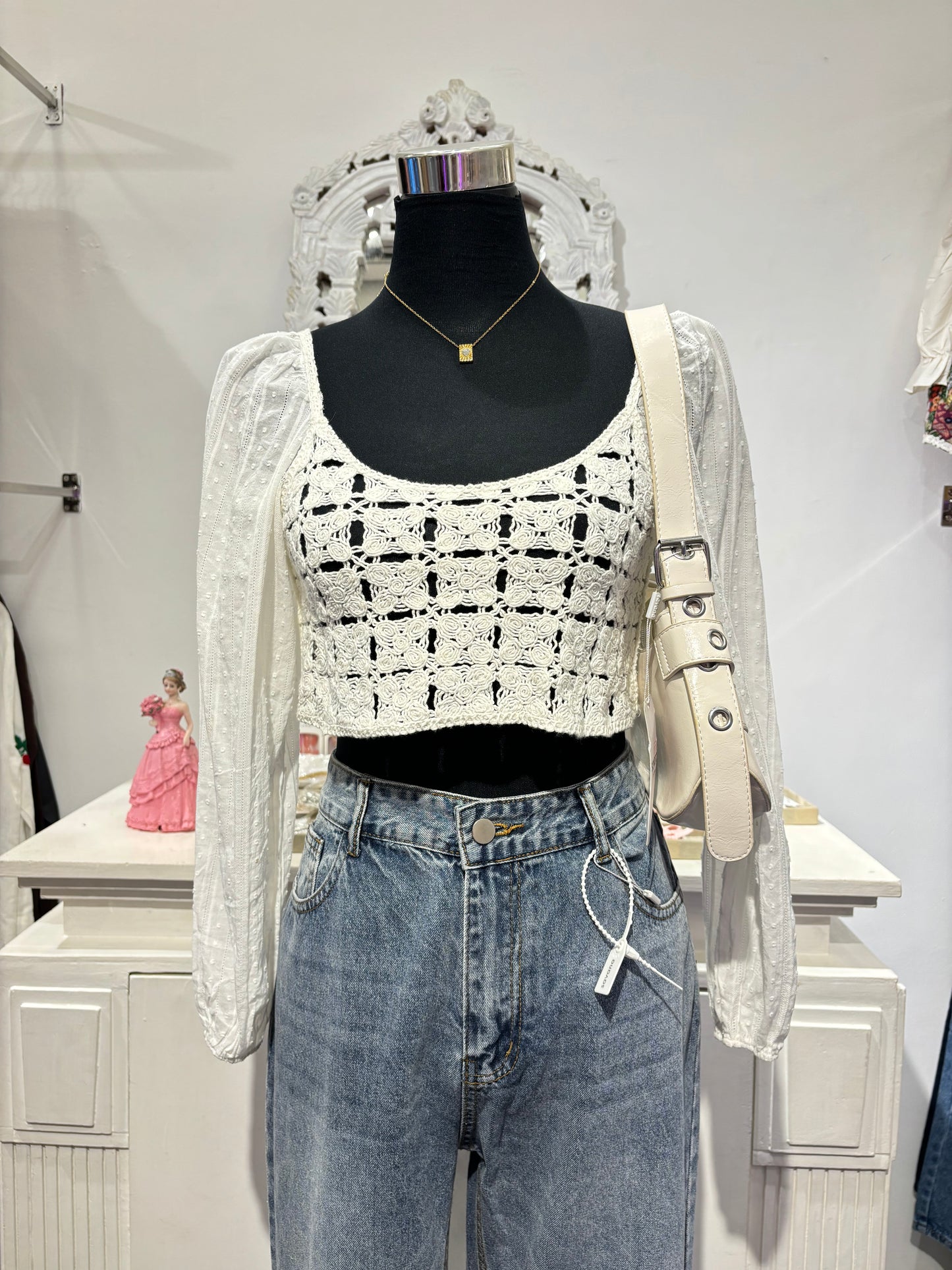 White Chrochet full sleeve crop top