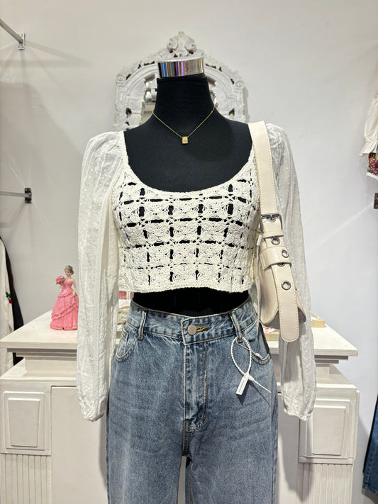White Chrochet full sleeve crop top